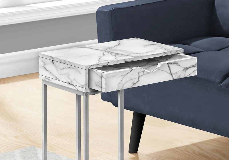 Monarch Specialties Table D'appoint, En Forme De C, Bout, Côté, Collation, Tiroir De Rangement, Salon, Chambre À Coucher, Métal, Stratifié, Aspect Marbre Blanc, Gris, Contemporain, Moderne