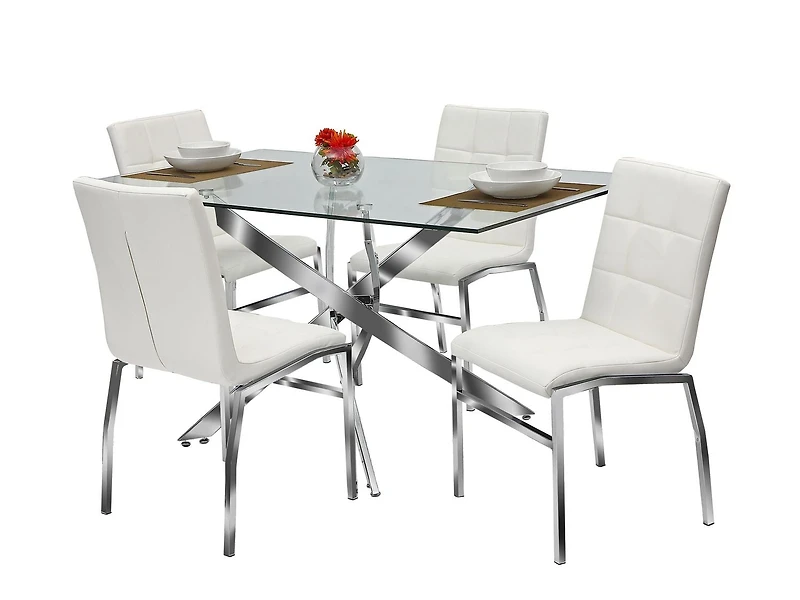 Ensemble de salle à manger 5PCS Dustin de K-Living avec verre trempé rectangulaire de 60 "avec table de base chromée et chaises en PU blanches (1 table et 4 chaises)