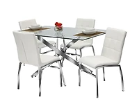 Ensemble de salle à manger 5PCS Dustin de K-Living avec verre trempé rectangulaire de 60 "avec table de base chromée et chaises en PU blanches (1 table et 4 chaises)