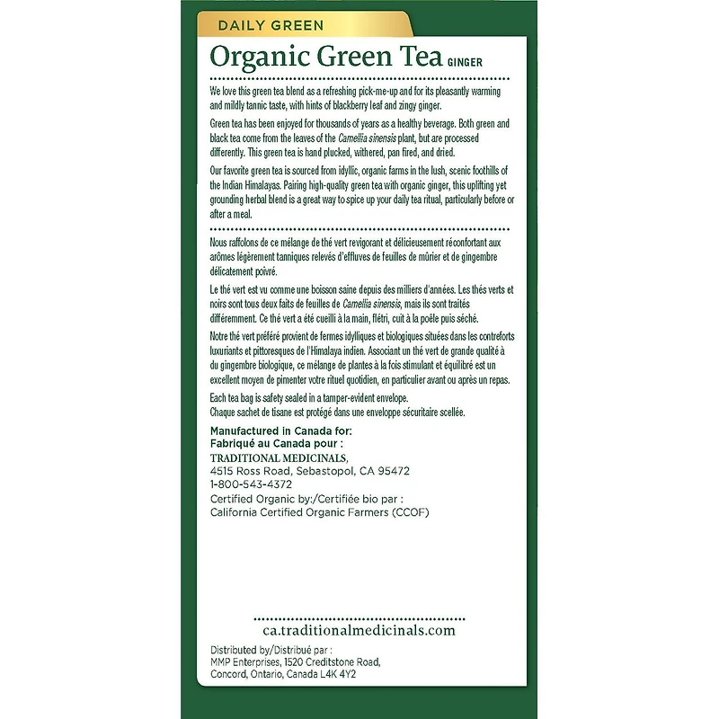 Traditional Medicinals Thé Vert Biologique au Gingembre