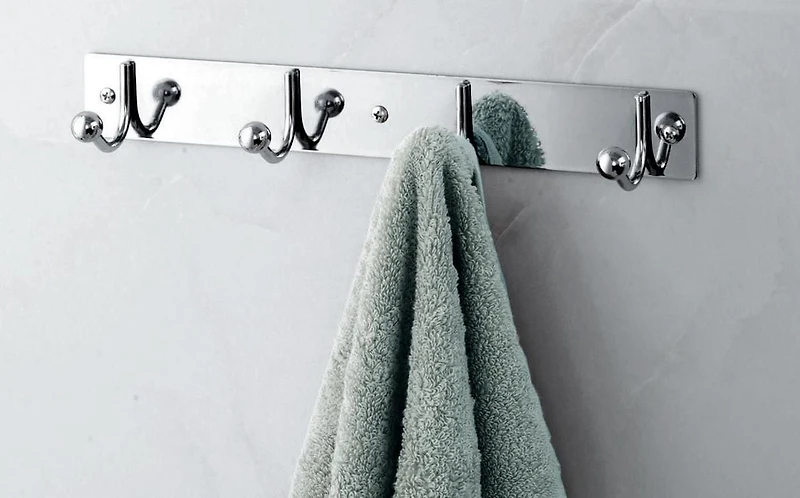 Era Bar with 4 Hooks Metal Wall Mount Chrome; Organizer for Hat Clothes Bathrobe, 12.60in x 2.16in.