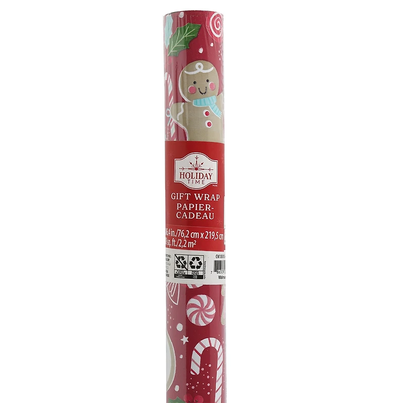 Papier cadeau Holiday Time en rouleau simple, bonbons roses, rouges, blancs et verts