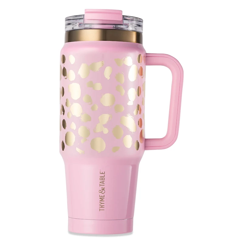 Gobelet Thyme & Table de 940 ml avec poignée, couvercle à double paille, double paroi isotherme en acier inoxydable, pois rose et doré