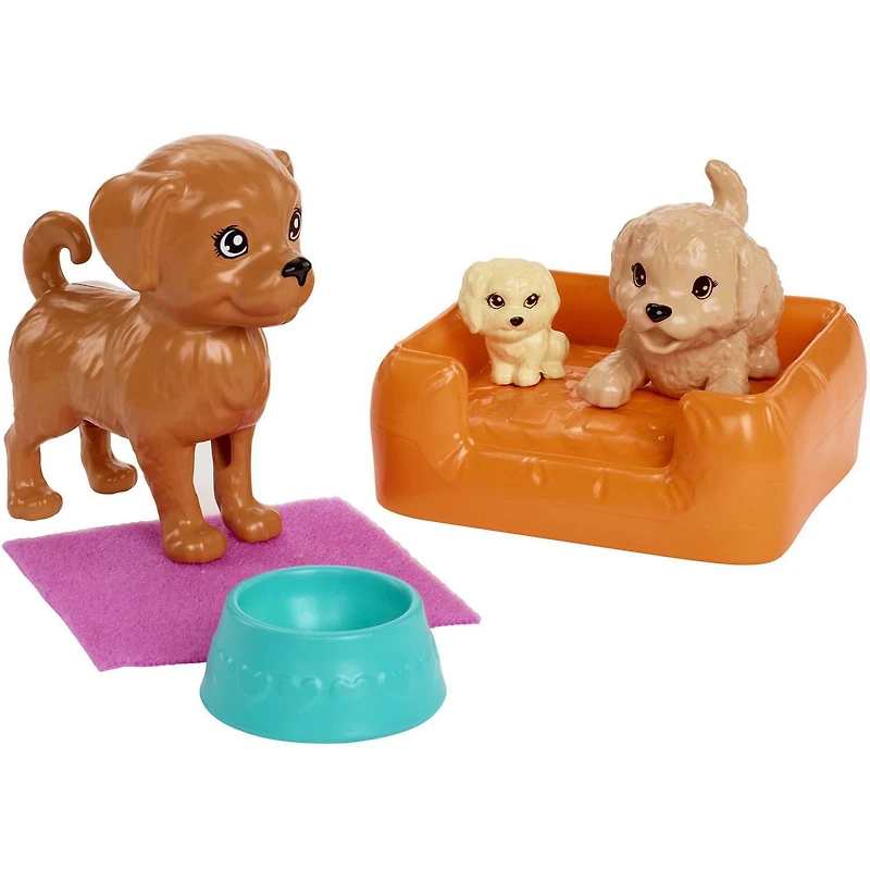 Coffret de jeu ​Barbie: It Takes Two avec poupées des jumeaux Jackson et Jayla et 13 éléments de création d’histoires incluant 3 chiots de compagnie et des accessoires