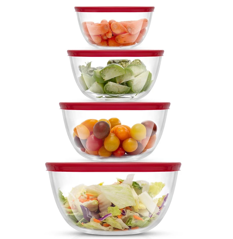 JoyFul 4 Glass Mixing Bowls With Lids - Red