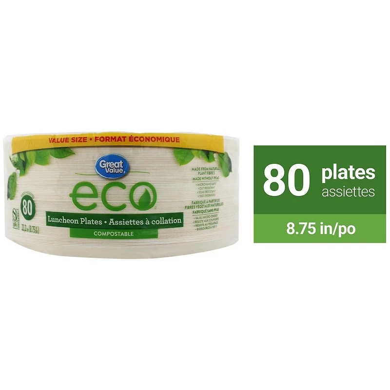 Assiettes à collation compostables Eco Great Value 80 x 22,2 cm (8,75 po)<br>Format économique