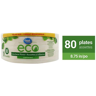 Assiettes à collation compostables Eco Great Value 80 x 22,2 cm (8,75 po)<br>Format économique