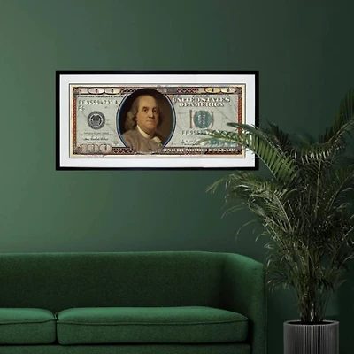 Art mural contemporain – Peinture collage à cent dollars (19,5" H x 39" L x 1,18" P), encadrée dans un élégant cadre PS noir, présentant un design audacieux et des détails complexes