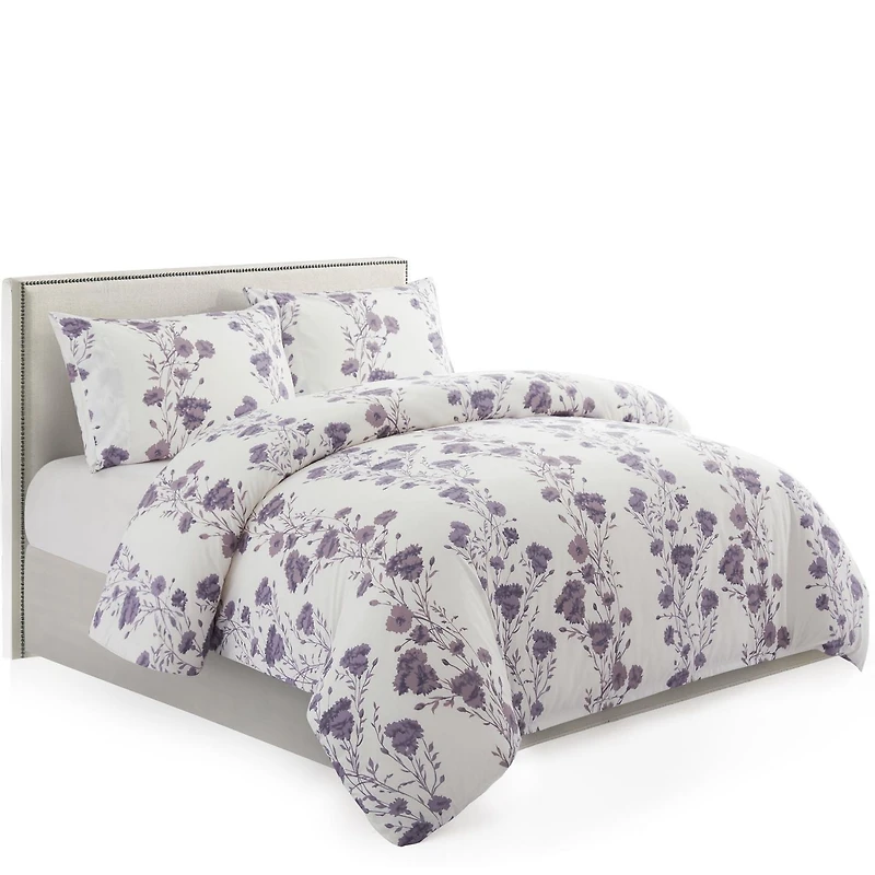 Marina Decoration Ultra Soft Silky Zipper Rich Printed Rayon from Bamboo All Season Duvet Cover Set with Pillowcases, Purple Carnation Floral Pattern