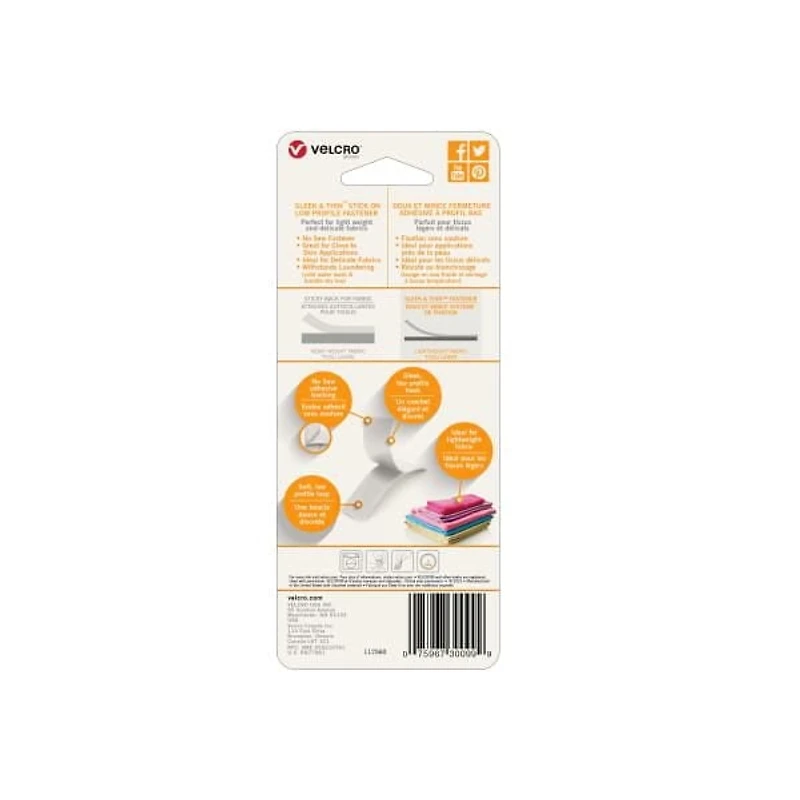 VELCRO® BRAND Sleek and Thin™ Stick On 24" x 3/4" tape, White