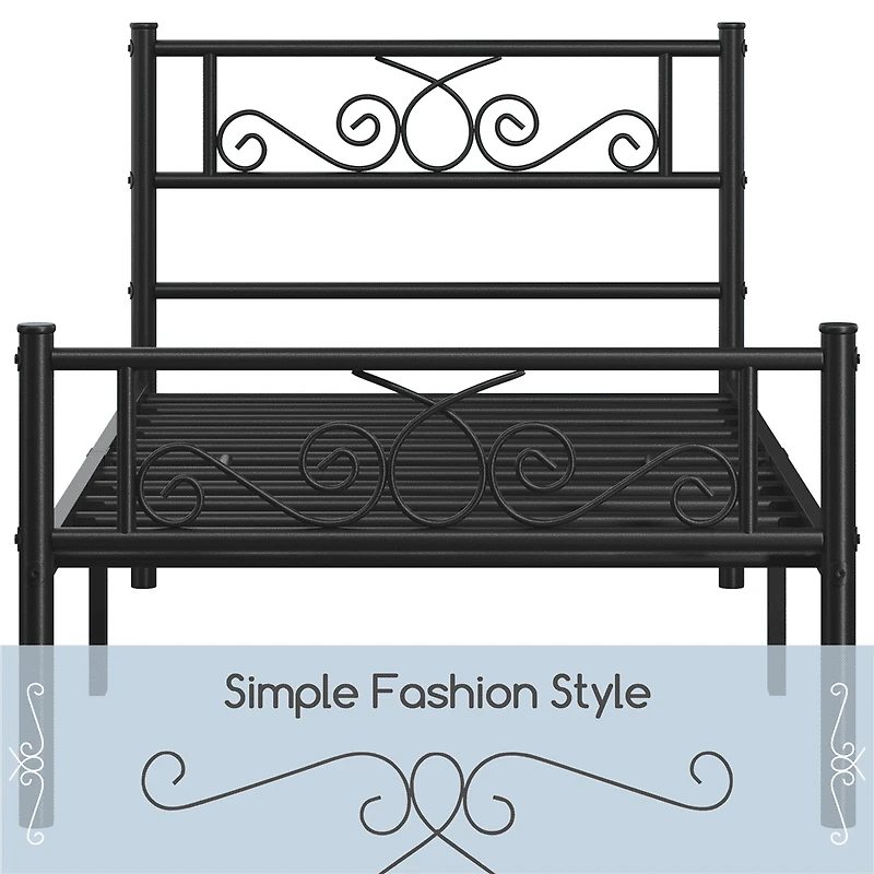 Fullfurnique Cadre de Lit Métallique avec Tête et Pied de Lit à Volutes, Queen, Noir