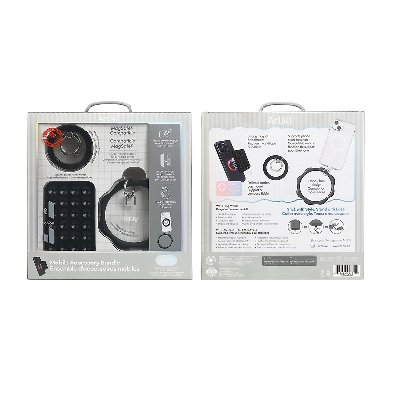 Artikl Universal MagSafe Compatible Accessory Bundle – OctoMag Suction Mount, Foldable Ring Stand & Silicone Loop Wristlet – Black