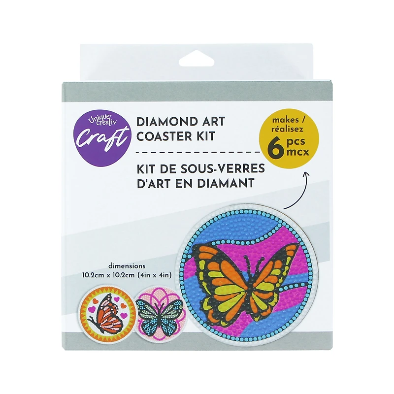 UNIQUE CREATIV CRAFT Diamond Art Coaster Kit – Butterfly, 6 pcs, Age 8+, Beginner, 10.2 cm, DIAMD COASTER BTRFLY