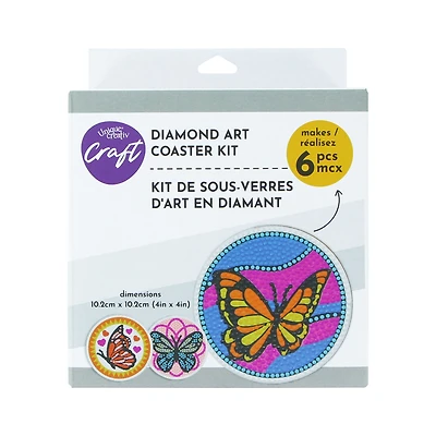 UNIQUE CREATIV CRAFT Diamond Art Coaster Kit – Butterfly, 6 pcs, Age 8+, Beginner, 10.2 cm, DIAMD COASTER BTRFLY