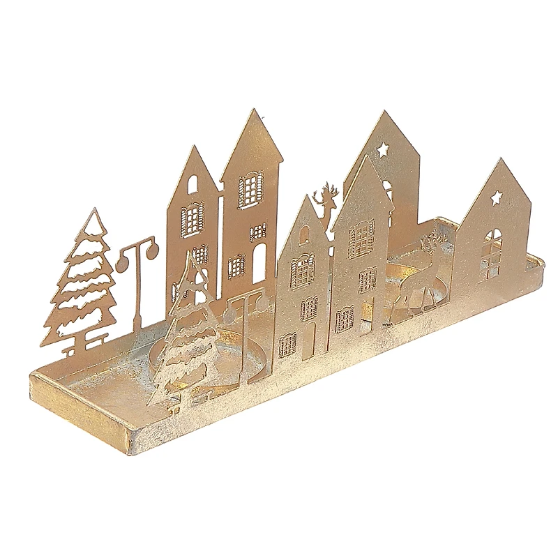 Gold Metal Winter Village Candle Holder