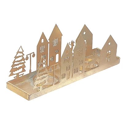 Gold Metal Winter Village Candle Holder