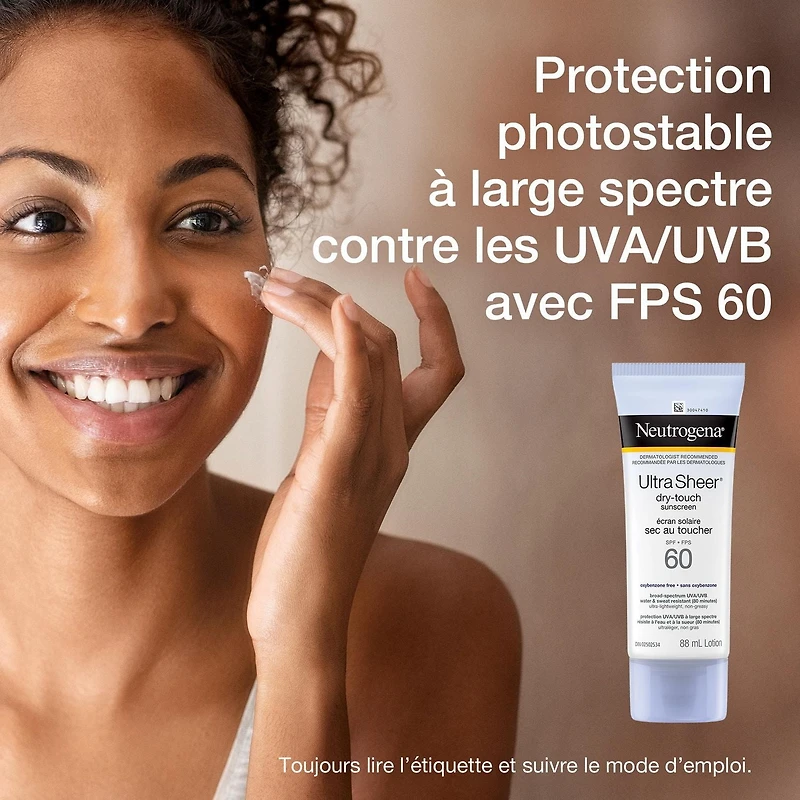 Lotion écran solaire Neutrogena Ultra Sheer sec au toucher, protection à large spectre FPS 60 UVA et UVB, sans oxybenzone, légère, hydrofuge, non comédogène et non grasse 88 ml