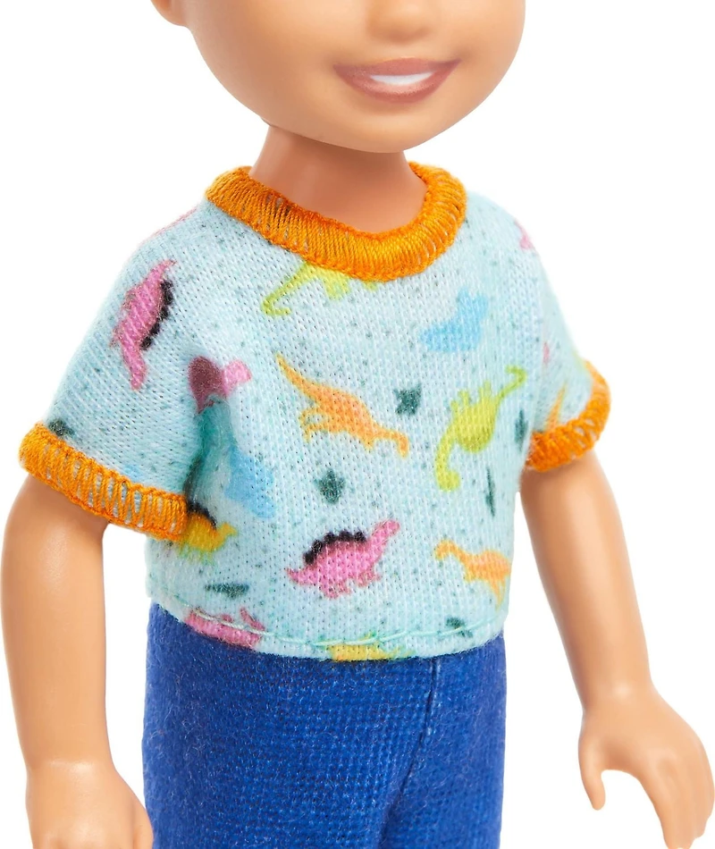 Barbie Chelsea Doll, Small Boy Doll Wearing Removable One-Piece with Dino Print, Blond Hair & Blue Eyes