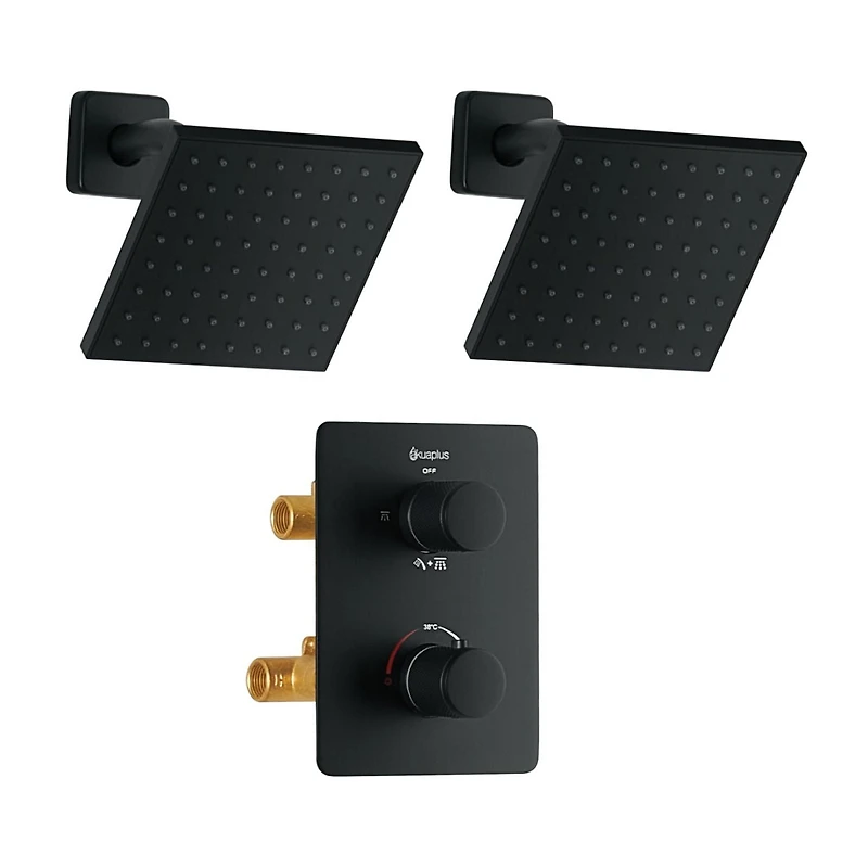 The akuaplus® thermostatic shower set with 4-way diverter with stop and 2 shower heads 6 inches matte black finish