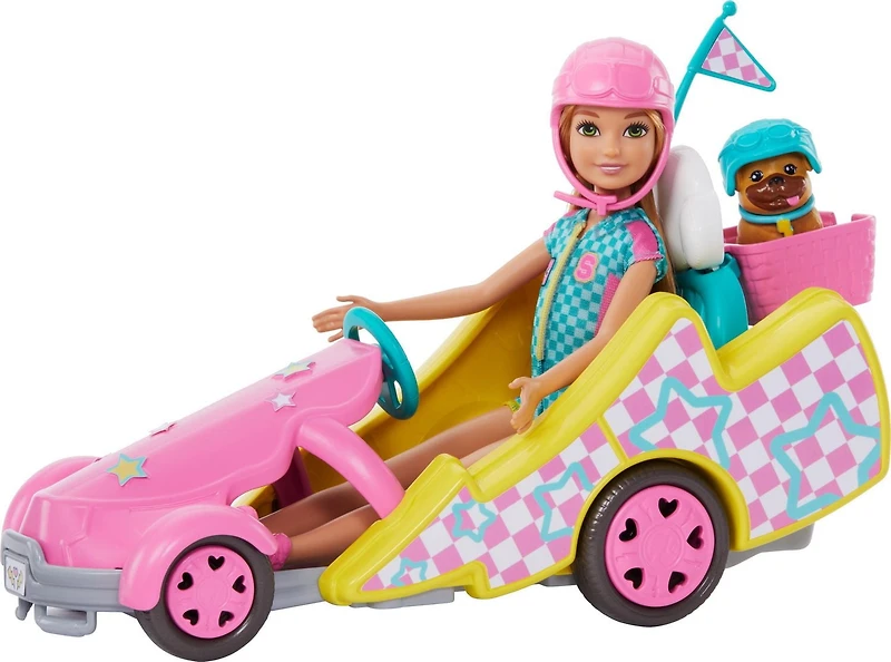 Barbie Stacie Racer Doll with Go-Kart Toy Car, Dog, Accessories, & Sticker Sheet