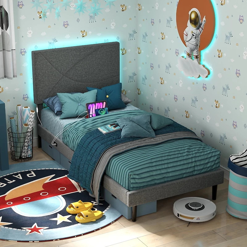 Lit simple rembourré Homy Casa avec éclairage DEL, ports USB et tête de lit rembourrée pour chambre d'enfant, gris