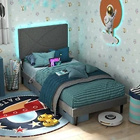 Homy Casa Upholstered Twin Bed with Tech Charging and LED Lights, Modern Headboard, Grey