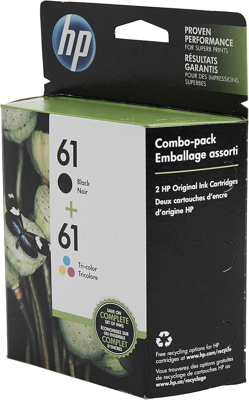 Paq. de 2 cartouches d'encre HP 61 noire et tricolore Noir
