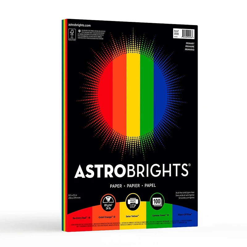 Astrobrights "Primary" 5-Colour Paper Assortment, 8.5" x 11", 24 lb, 100 Sheets