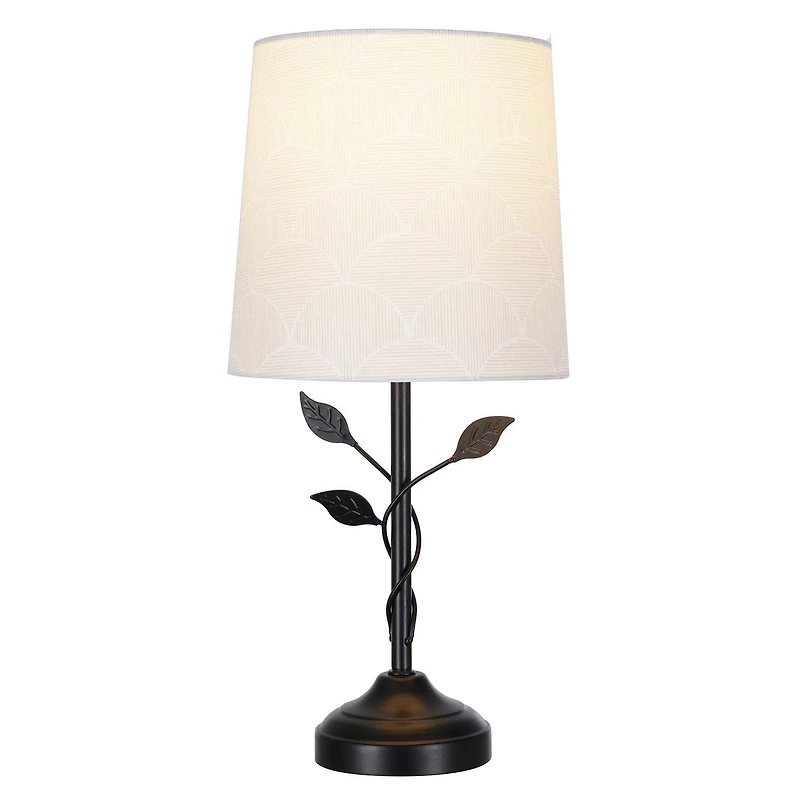 Home Trends 15.5" Matte Black Metal Table Lamp with Leaf Detail and Patterned Fabric Shade in Cream
