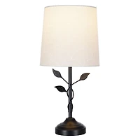 Home Trends 15.5" Matte Black Metal Table Lamp with Leaf Detail and Patterned Fabric Shade in Cream