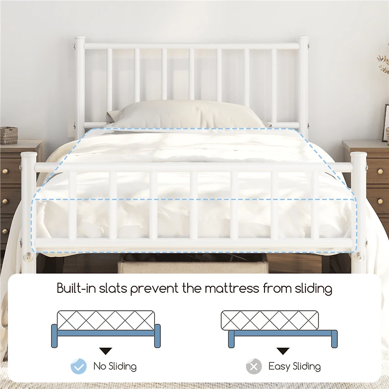 Fullfurnique Minimalist Metal Bed Frame with Vertical Bar Headboard and Footboard, Queen, White