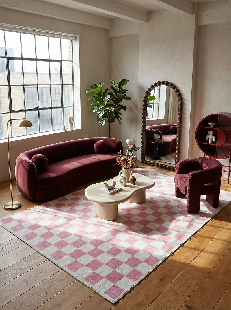 Tapis de surface Géométrique Rug Branch Metro Checkered Blush 8' x 11' (Taille exacte: 7'7" 10'10") Rose Contemporain - Living Room, Bedroom, Dining and Kitchen