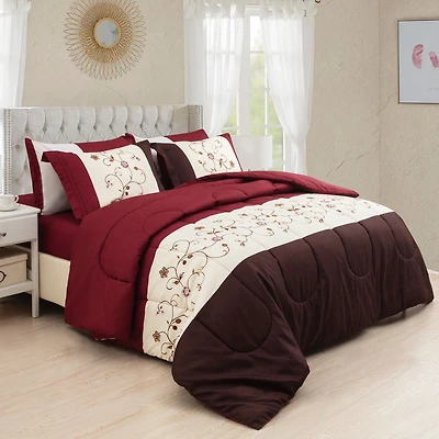 Marina Decoration Ultra Soft Luxury Fluffy Goose Down Alternative Bed in a Bag Rich Printed Comforter Set Includes Sheet Set, Modern Burgundy Cosmos Floral Pattern