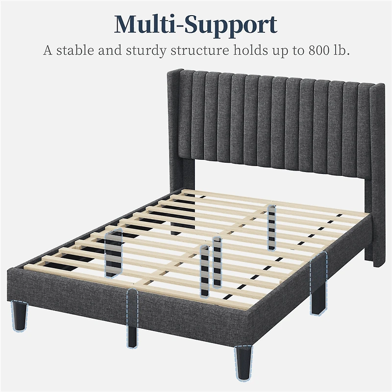 Fullfurnique Upholstered Bed Frame with Wing Side and Channel Headboard, Queen, Dark Gray