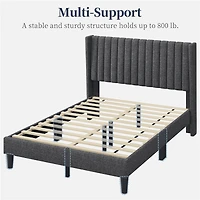 Fullfurnique Upholstered Bed Frame with Wing Side and Channel Headboard, Queen, Dark Gray
