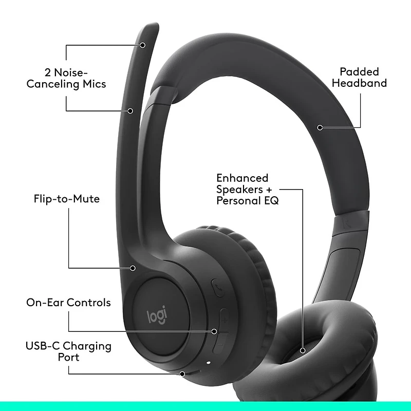 Logitech Zone 300 Wireless Bluetooth Headset With Noise-Canceling Microphone, Compatible with Windows, Mac - Midnight Black