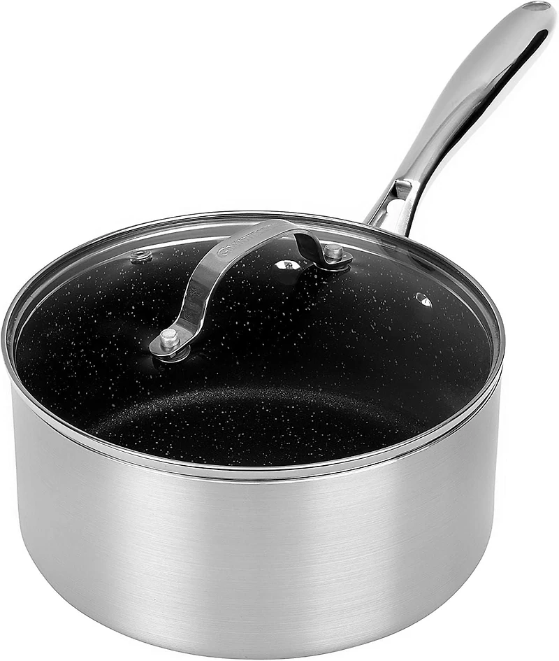 Granitestone Casserole antiadhésive de 3 litres avec couvercle en verre, petite casserole avec couvercle - Revêtement ultra durable avec extérieur brossé argenté - 100 % sans PFOA - Passe au lave-vais