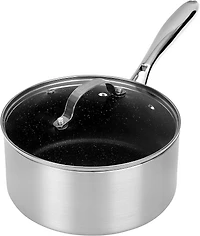 Granitestone Casserole antiadhésive de 3 litres avec couvercle en verre, petite casserole avec couvercle - Revêtement ultra durable avec extérieur brossé argenté - 100 % sans PFOA - Passe au lave-vais