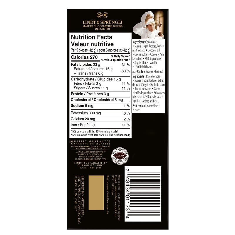 Chocolat noir LINDOR à 70 % de cacao de Lindt – Barre (100 g) Tablette/Barre 100g