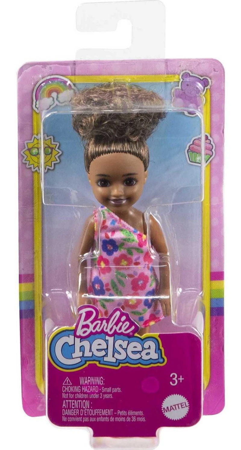 Barbie Poupée Chelsea, brunette, robe à imprimé floral, 3+ ans