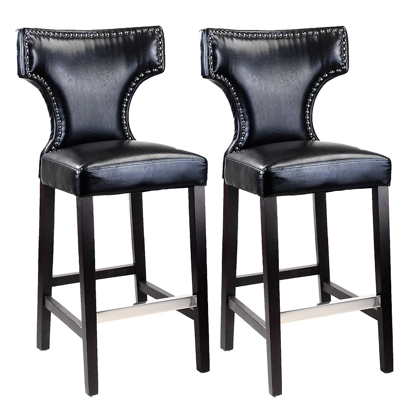 CorLiving Kings Set of 2 Studded Black Faux Leather Upholstered Indoor Bar Height Barstools with Wood Legs