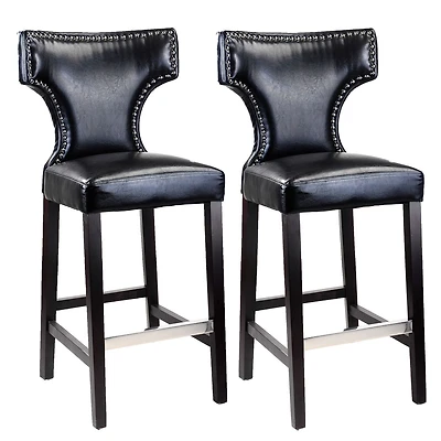 CorLiving Kings Set of 2 Studded Black Faux Leather Upholstered Indoor Bar Height Barstools with Wood Legs