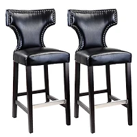 CorLiving Kings Set of 2 Studded Black Faux Leather Upholstered Indoor Bar Height Barstools with Wood Legs