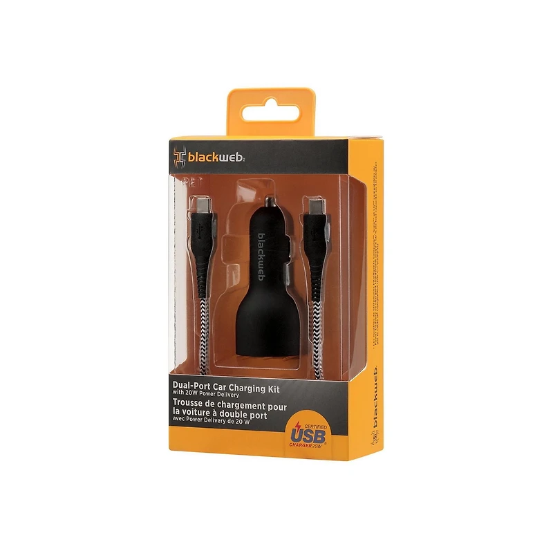Blackweb USB-C 20W Power Delivery Dual-Port Car Charging Kit (BWA22WI351C-Black)