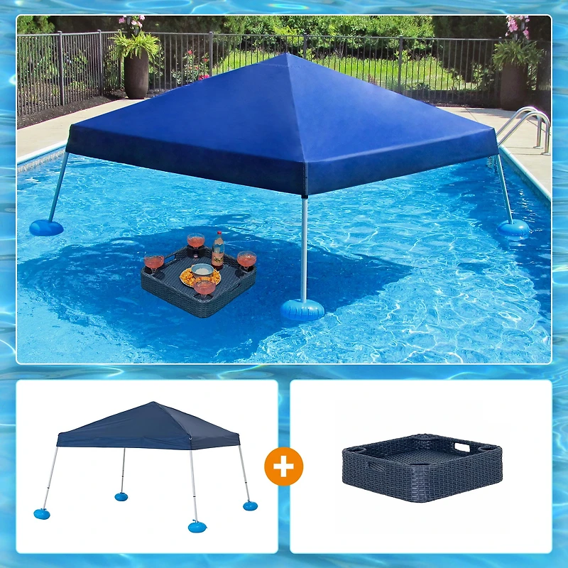 Sunjoy Floating Pool Canopy with Add-on 24x24 in. Wicker Floating Tray, Navy