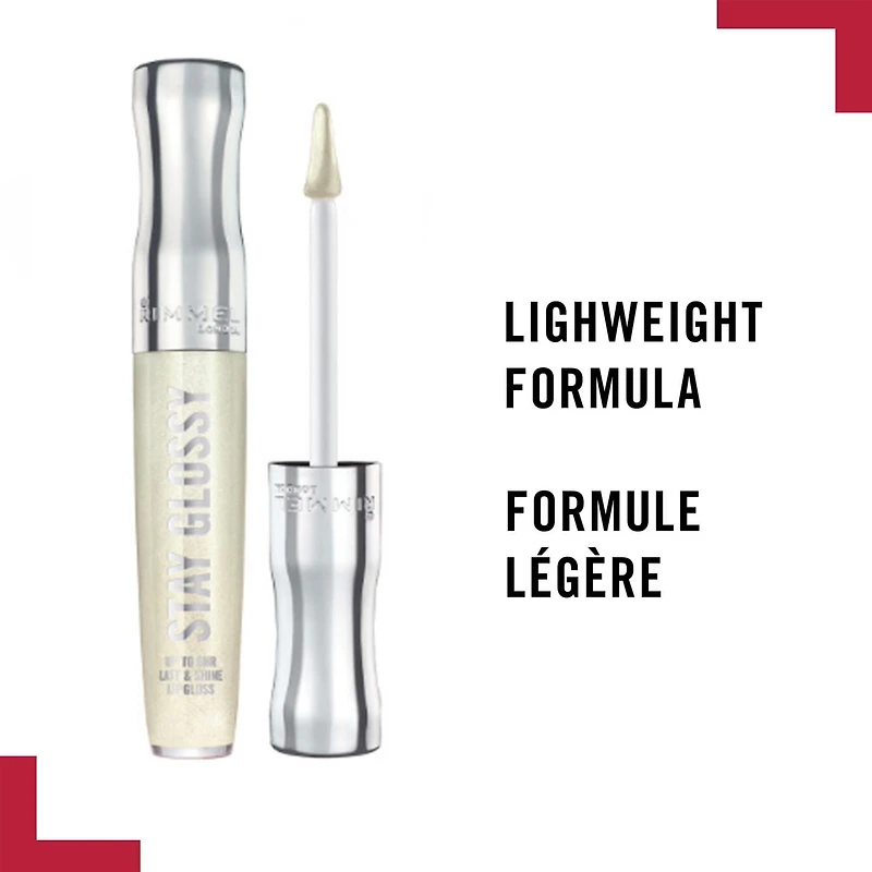 Rimmel Brillant à lèvres Stay Glossy, non collant, dure jusqu'à 6h, épousant les lèvres, avec la technologie Shine Extent, 100% Sans Cruauté Brillant à lèvres à effet 3D