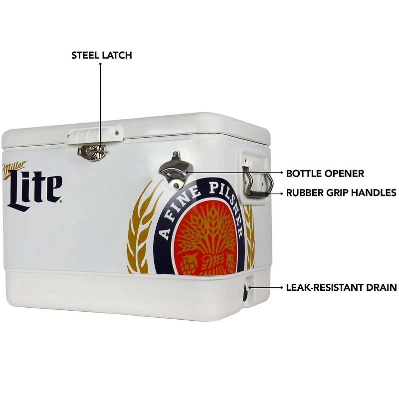 Miller Lite Glacière de 54 Qt avec ouvre-bouteille intégré, glacière de camping portable antirouille pour la plage et les aventures en plein air