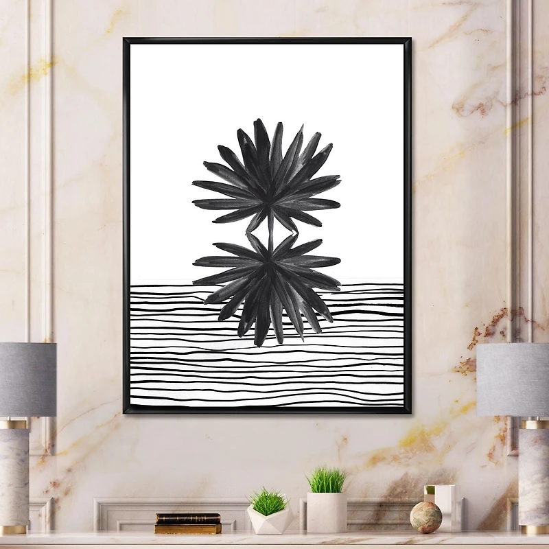 Designart Black and White Tropical Leaf On Striped II FLOAT FRAME WALL ART
