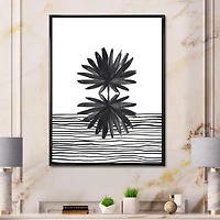 Designart Black and White Tropical Leaf On Striped II FLOAT FRAME WALL ART