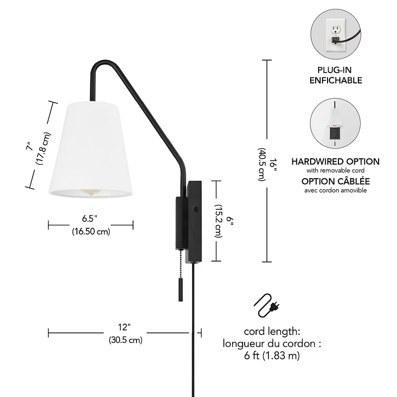 1-Light Matte Black Swing Arm Plug-In or Hardwire Wall Sconce with White Fabric Shade